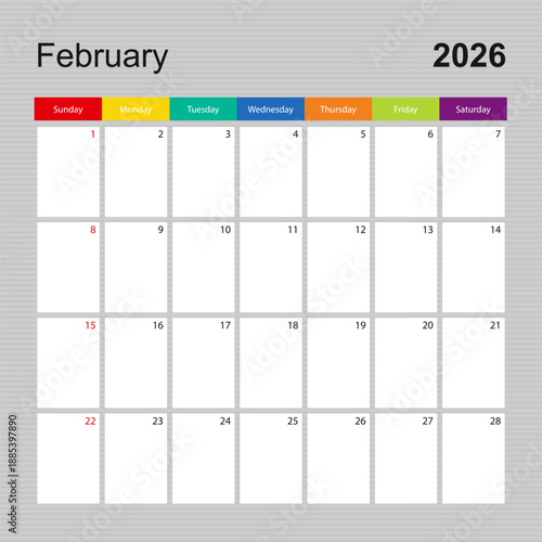 Calendar page for February 2026, wall planner with colorful design. Week starts on Sunday.