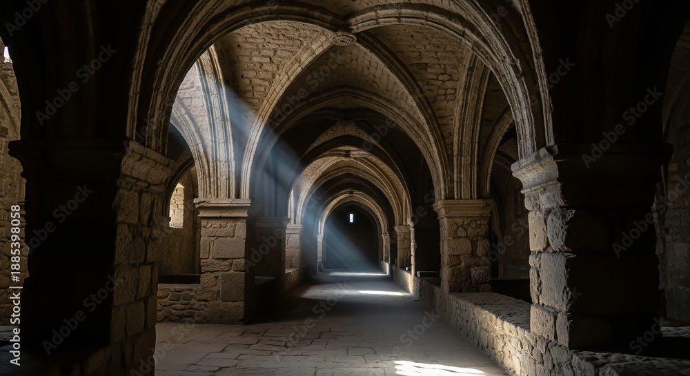 Obraz premium Moody gothic stone corridor with light rays. Perfect for history blogs, architectural backgrounds, or fantasy games.