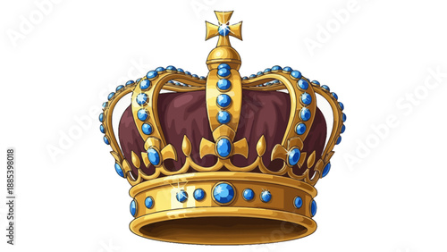 A golden jeweled crown with blue gems and a purple velvet cap