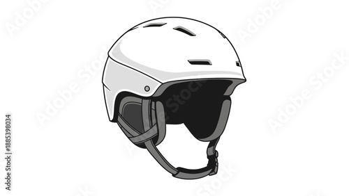 A grayscale illustration of a white ski or snowboard helmet with dark gray padding and chin strap