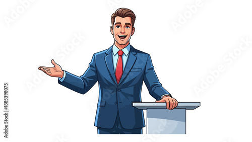 Animated man in blue suit gesturing beside a podium