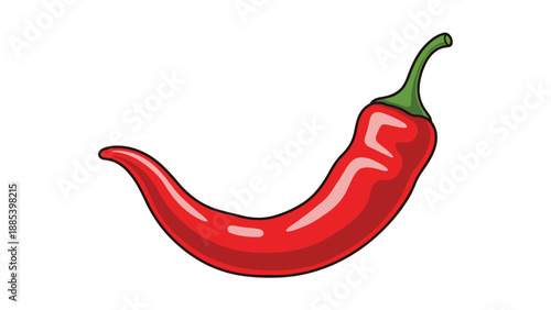 Cartoon illustration of a curved red chili pepper with a green stem on a white background