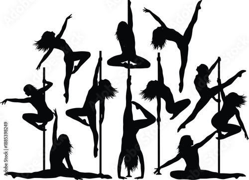 Set of pole dance silhouettes, female dancers performing acrobatic poses, black and white vector illustration for fitness, dance studio branding, and artistic design