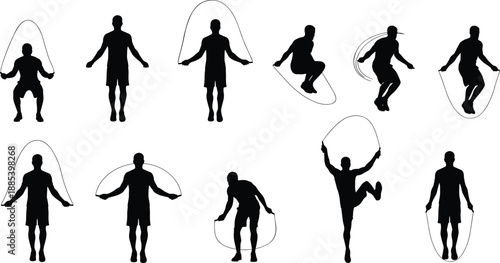 Collection of jump rope exercise silhouettes, male athletes skipping rope workout poses, black and white fitness vector illustration for cardio training and sport design