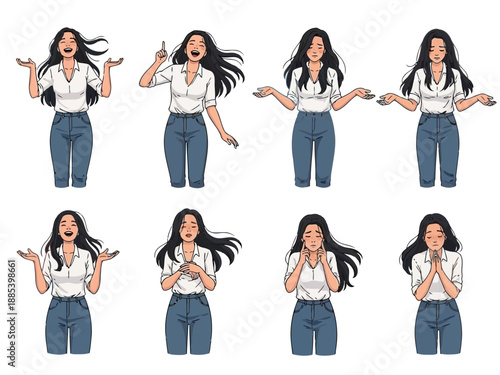 Woman balancing various food items on her hands and body happily