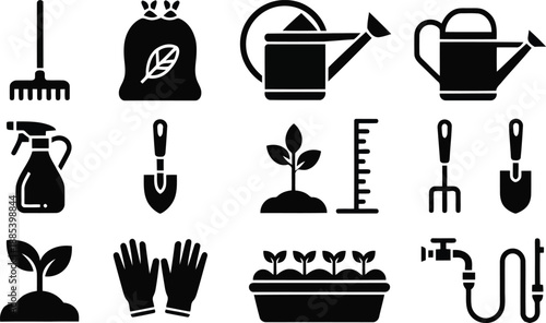 A detailed set of gardening tools and planting icons including rake, watering can, trowel, gloves, and young plants