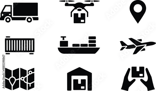 A diverse collection of black icons visually explains global logistics, freight forwarding, and modern package delivery services