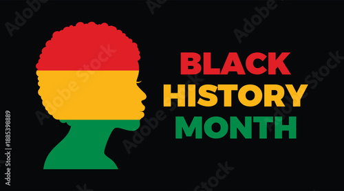 Black History Month poster with woman face vector illustration. African woman head in profile silhouette and red-gold-green Pan-African flag symbol. Template for background, banner, card