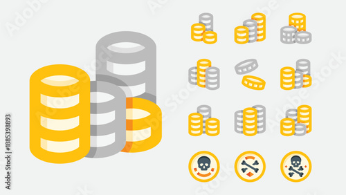 Coins and currency icons set