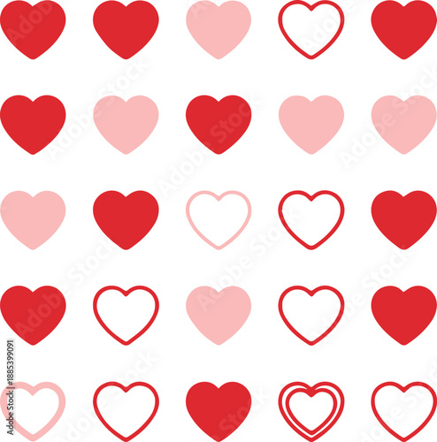 A collection of red and pink hearts arranged on a plain white background