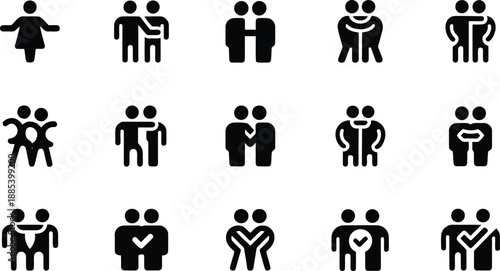 A diverse collection of black silhouette icons illustrating various pairings and interactions between male and female figures