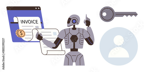 Artificial intelligence, automation, secure access, digital invoices, online transactions, business solutions. A robot interacting with an invoice and key graphic. Automation and secure access