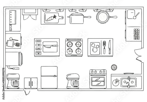 Commercial Kitchen Layout Plan With Appliances Equipment Storage And Workspace Elements In Top Down View Blueprint Style layout architecture icons