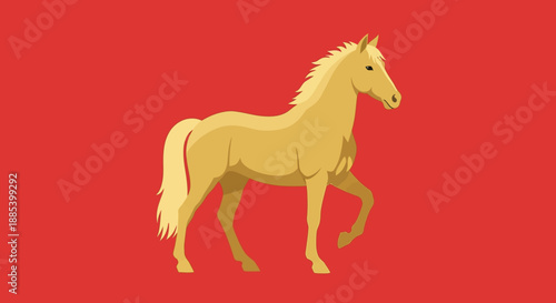 Golden Horse Galloping Across Red Field Symbolizing Power and Freedom - A Majestic Equine Illustration