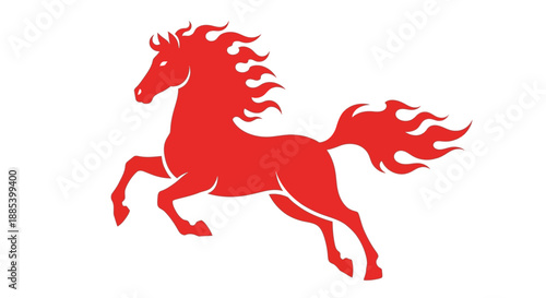 A stylized red horse illustration on a white background, depicting a powerful and energetic equine in motion with a flowing mane and tail