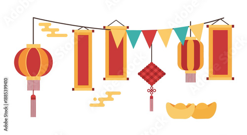 Traditional Chinese New Year decoration vector set. Festive lanterns, auspicious scrolls, pennants, and golden ingots for Lunar New Year celebrations
