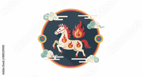 Fiery Horse illustration with clouds and ornamental circle, symbolizing speed and power in a dynamic, stylized design