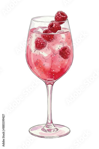 Raspberry spritz cocktail in wine glass, festive pink sparkling drink, watercolor vector illustration isolated on white background