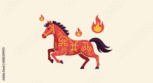 Captivating illustration of a fiery horse adorned with astrological symbols and flames, embodying dynamic energy and celestial charm