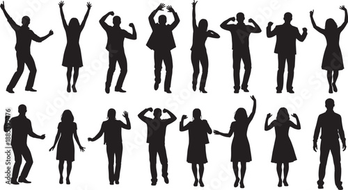Silhouettes of expressive people in celebratory poses, ideal for emotion design, body language studies, vector illustration, and creative gesture reference projects.