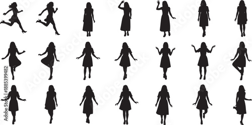 Silhouettes of female figures in diverse poses and movements, ideal for animation, fashion design, posture reference, or artistic character illustration projects