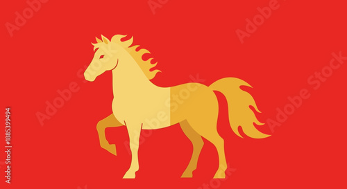 Dynamic golden horse illustration with two-tone body design, set against a bold red background, symbolizing strength and noble spirit in a clean graphic style