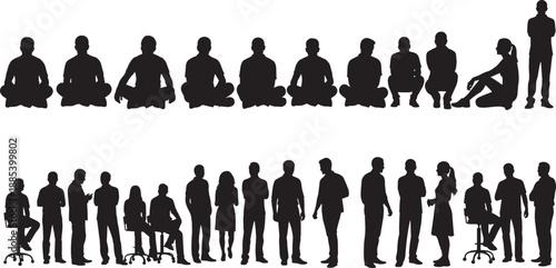 Silhouettes of people in seated and standing poses across casual and office settings, ideal for posture reference, character design, or social interaction illustration