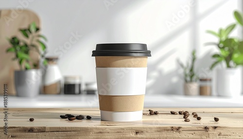 Close-up of a blank takeaway coffee cup on a light wooden table, with scattered coffee beans and soft natural morning light in a minimalist cafe setting, perfect for branding mockups
