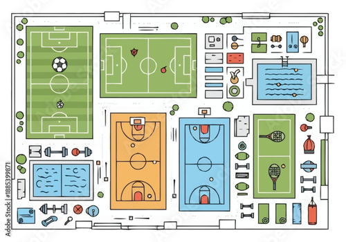 Comprehensive Sports Complex Layout Showing Multiple Recreational Facilities Including Fields Courts Pools And Gymnasium Equipment For Active
