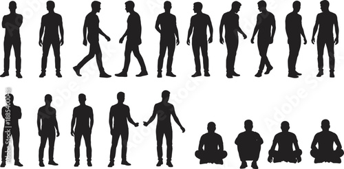 Silhouettes of human body poses in various standing and sitting positions, ideal for animation, posture study, design reference, or body language illustration