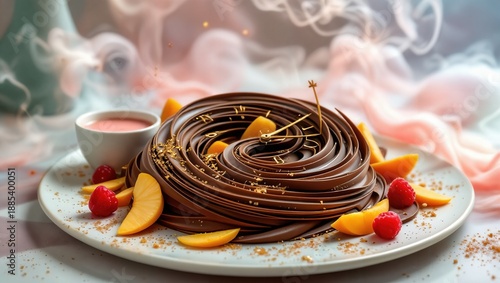 chocolate cake with peaches and raspberries on plate