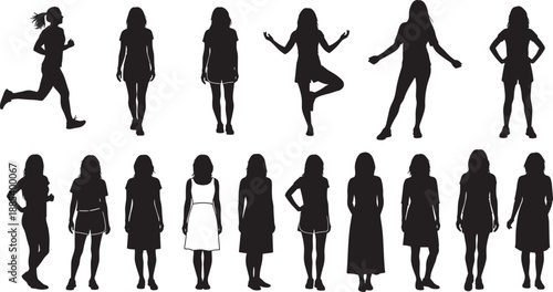   
Silhouettes of stylish women in various poses and outfits, ideal for fashion design, posture studies, editorial concepts, and creative vector illustration projects.