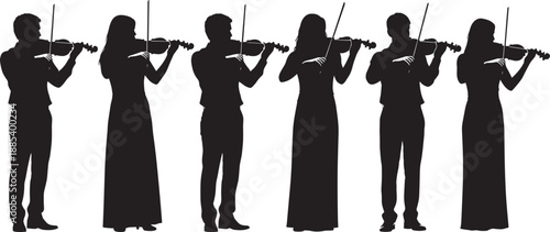 Silhouettes of musicians playing violins in formal attire, ideal for music performance, orchestra design, concert illustration, or classical instrument-themed editorial content