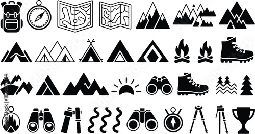 A diverse collection of black silhouette icons representing outdoor adventure and camping gear