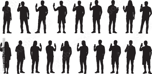 Silhouettes of people holding smartphones in various postures, ideal for tech lifestyle design, digital behavior studies, and vector illustration projects.