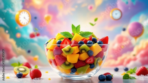 colorful fruit salad in glass bowl