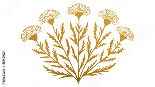 Illustration of a golden floral arrangement featuring five blooms and symmetrical foliage on white background
