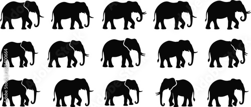 Set of elephant silhouettes in walking poses, black and white wildlife vector illustration collection for safari design, nature branding, icons, and patterns