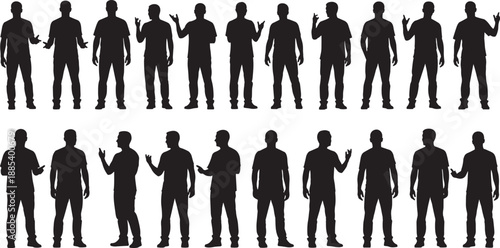 Silhouettes of standing human figures in varied postures and gestures, ideal for design, posture reference, character modeling, or gesture recognition projects