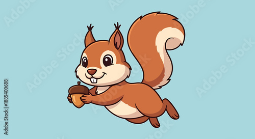 Cute cartoon squirrel with a bushy tail holding an acorn, depicted in a playful and cheerful style against a light blue background.