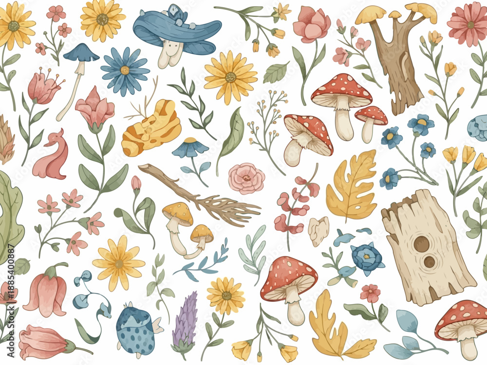 Obraz premium Whimsical illustration of various flowers, mushrooms, and forest elements