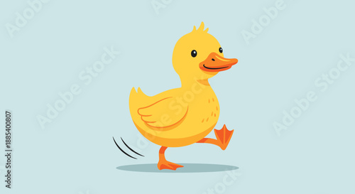 A cute yellow cartoon duckling with an orange beak and feet walking on a light blue background, depicting movement.
