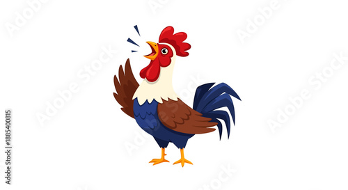 Vibrant cartoon rooster with red comb and blue feathers crowing loudly on a white background, signaling morning.