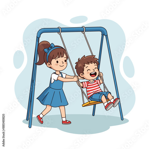 Girl pushing boy on swing while playing happily in playground  