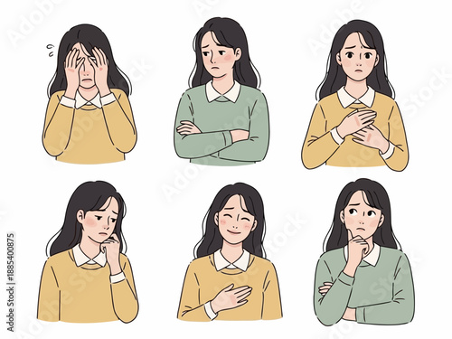 Set of six cartoon women with different facial expressions