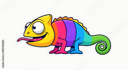 A vibrant and cheerful cartoon chameleon with a yellow head and a rainbow-colored body, sticking out its tongue on a white background.