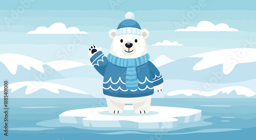 Cute cartoon polar bear wearing a blue hat, scarf, and sweater, standing on an ice floe and waving in a snowy arctic landscape.
