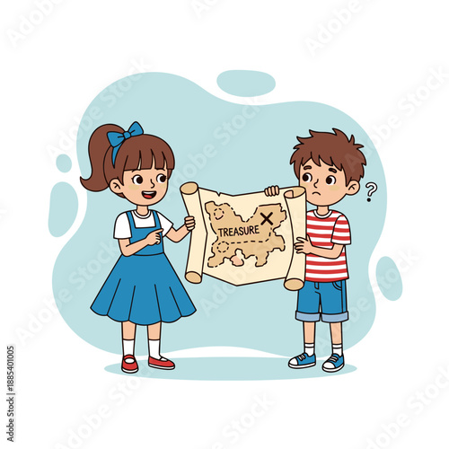 Two children examining treasure map with confusion and excitement  