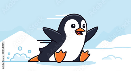 A happy cartoon penguin slides joyfully on its belly across a snowy, icy landscape with mountains in the background.