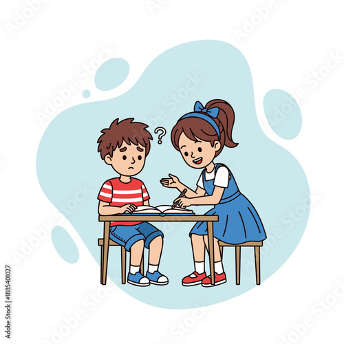 Young girl helping boy with homework while sitting at a table  